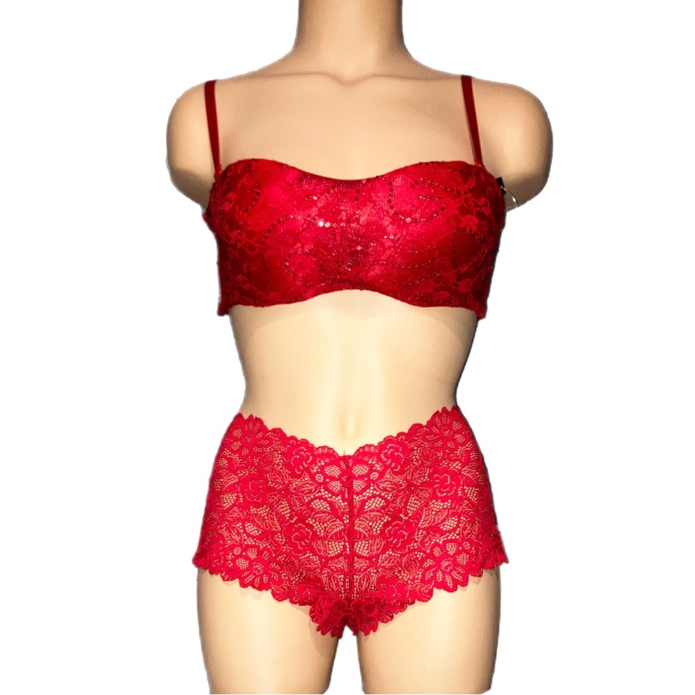 *3 for $30!* 2B Bebe Red Sequin Bandeau Bra Bralette Victorias Secret  Panty S